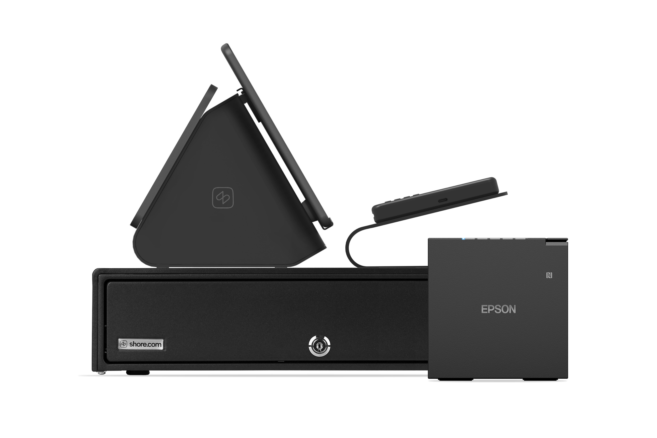Schwarzes Desktop-Scanner-Setup mit Basis, Dreiecksständer, langem Arm, EPSON-Block und Kabel.