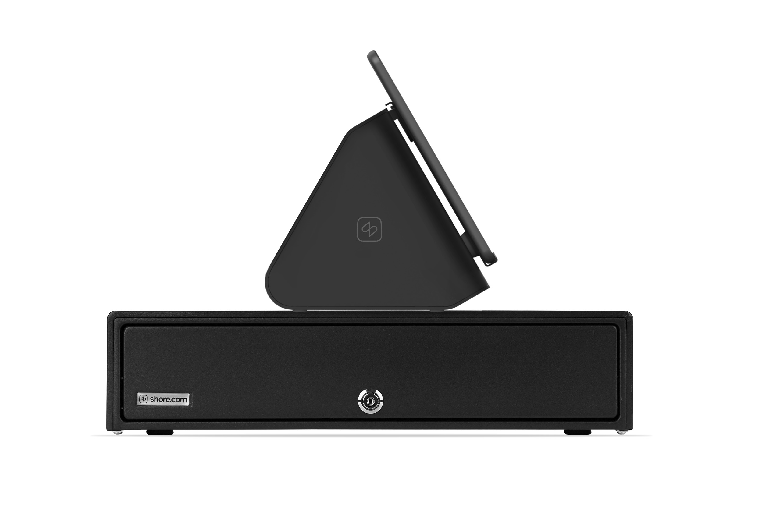 Schwarze Kassenschublade mit schräg aufgestelltem Tablet auf Ständer.