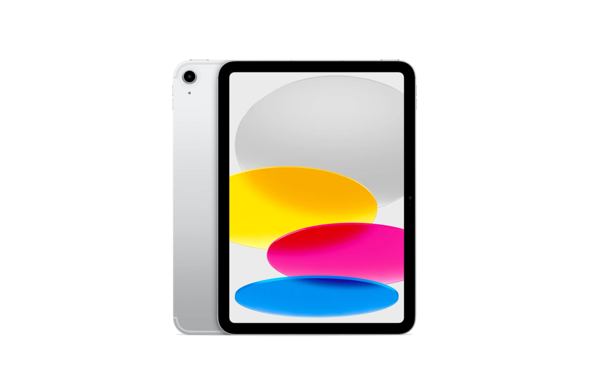 Tablet mit schwarzem Rahmen, silbernem Rücken; Display zeigt bunte ovale Flächen in Gelb, Grau, Pink und Blau.