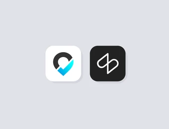 Zwei abgerundete App-Icons auf grauem Hintergrund; links weiß mit blauem Herz, rechts schwarzes Quadrat mit weißer Linie.