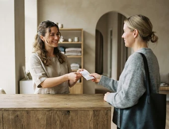 Two women at a wooden reception counter exchange a note; one behind the counter smiles, the other carries a black tote bag.