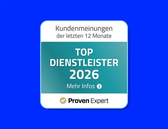 Quadratisches Abzeichen mit weißem Rand; teal Gradient mit 'TOP DIENSTLEISTER 2026', 'Kundenmeinungen der letzten 12 Monate', Proven Expert Logo