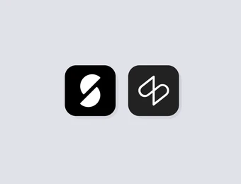 Zwei abgerundete Quadrate als Icons: links schwarzes Quadrat mit weißem Bogen, rechts dunkelgraues Quadrat mit weißer Linie.