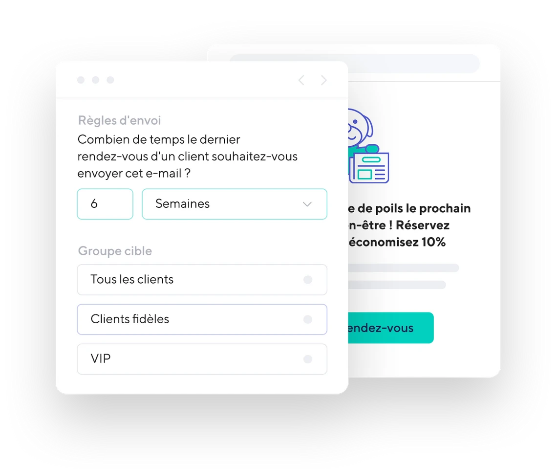 Capture d'écran du calendrier Shore affichant un e-mail automatique de fidélisation client