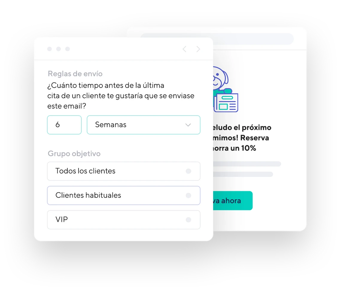 Captura de pantalla del calendario de Shore con un email automático de recuperación de clientes