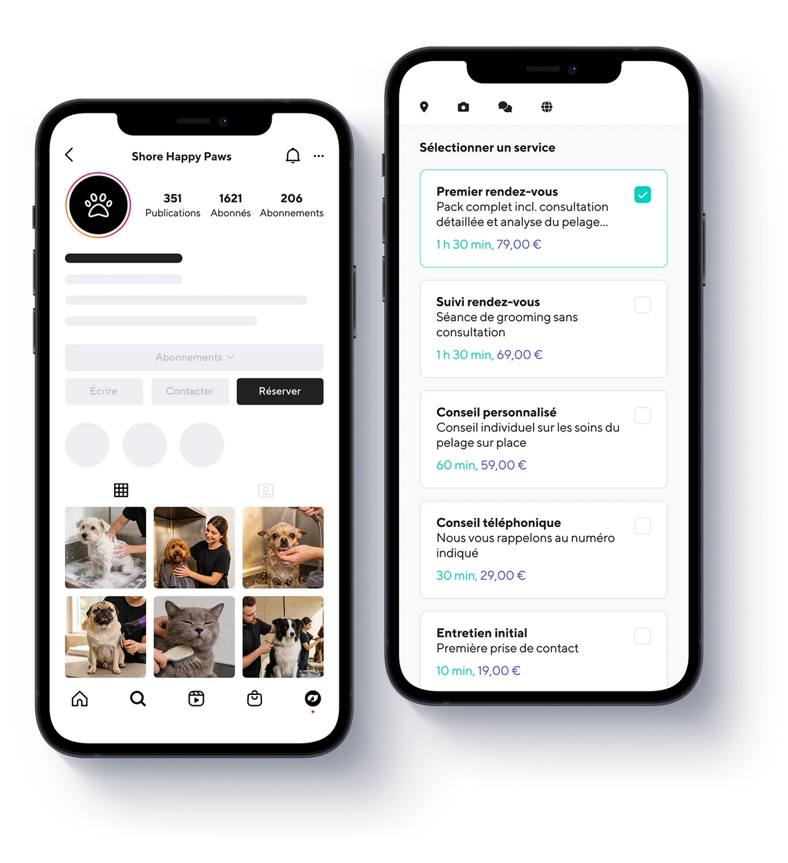 Réservation en ligne Shore via Instagram et smartphone pour des services de toilettage canin