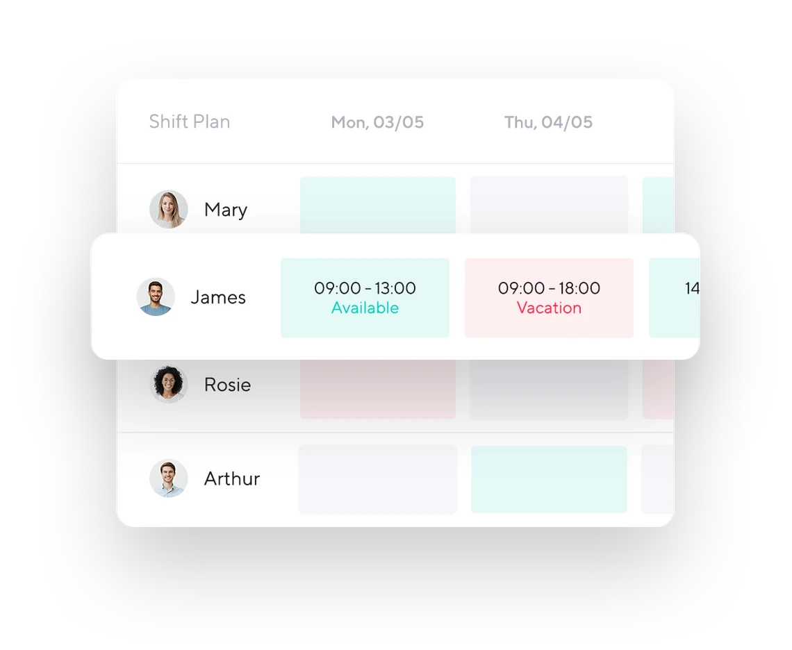 Staff overview in the Shore calendar showing availability and working hours