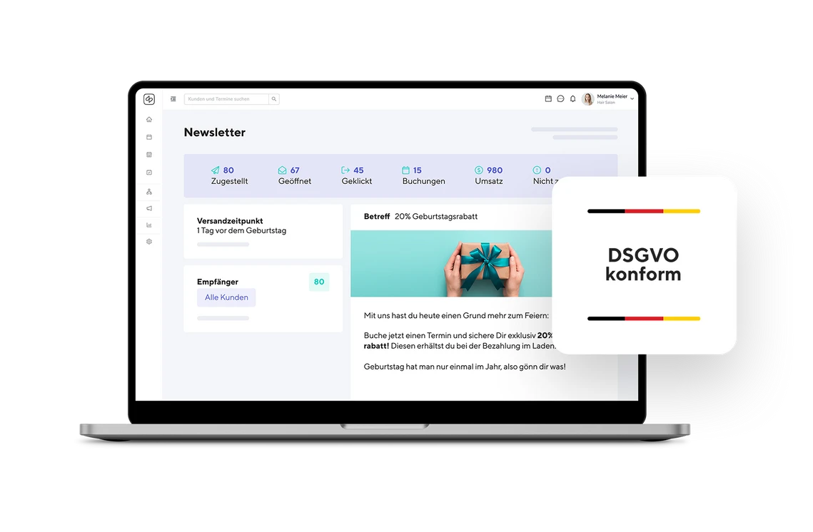 Shore DSGVO-konforme Newsletter-Verwaltung am Laptop für Salon-Betriebe