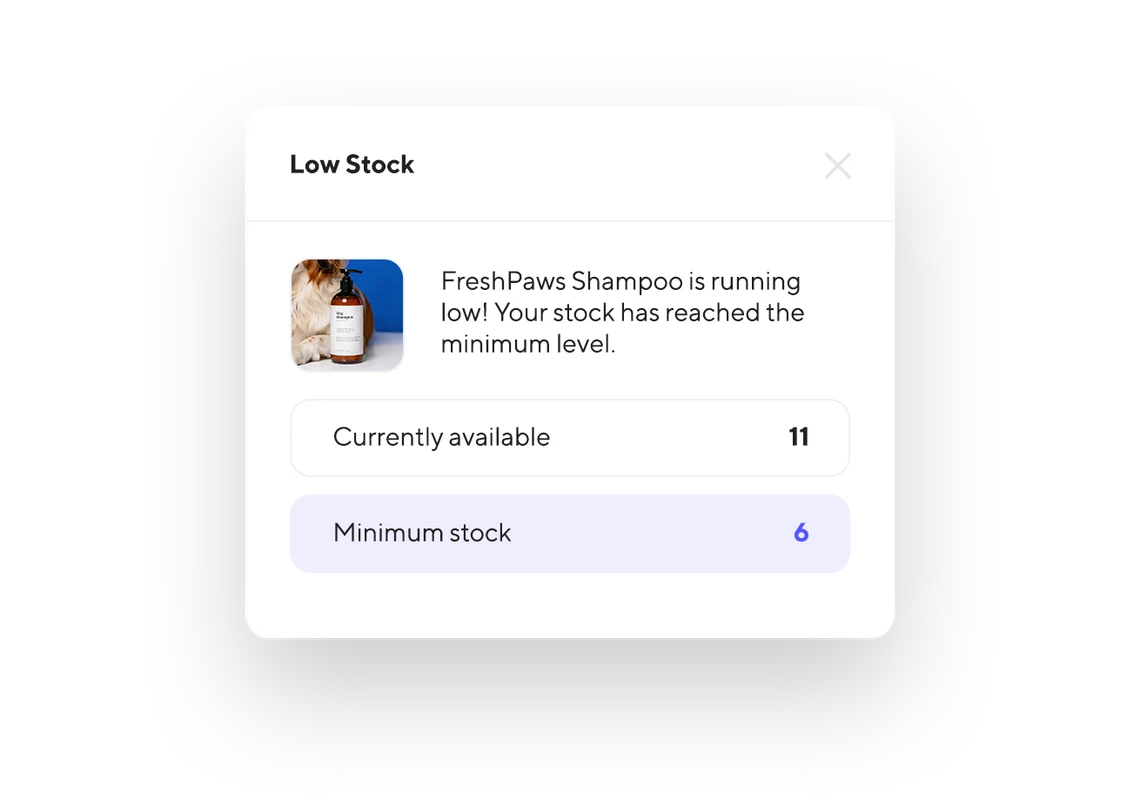 A low stock alert from the Shore POS system