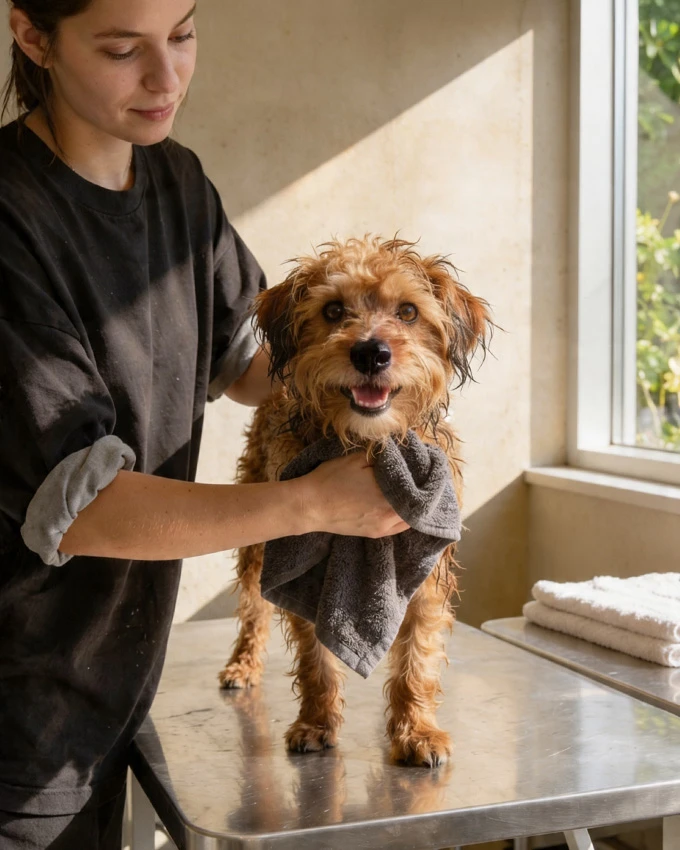 Un cruce de Norfolk Terrier en la mesa de baño