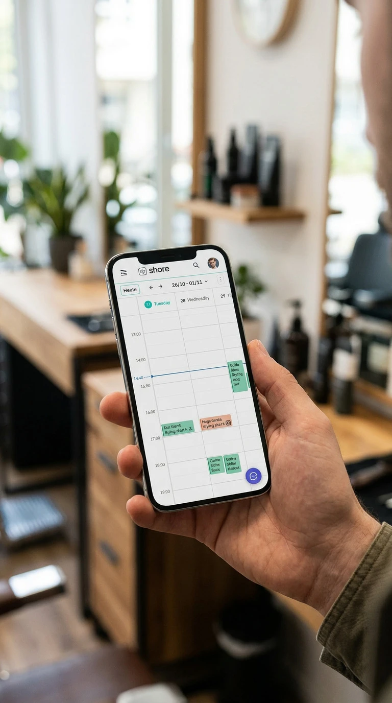 Eine Hand hält ein Smartphone mit Kalender-App; farbige Termine, unscharfer Café-Hintergrund mit Pflanzen und Holzmöbeln.