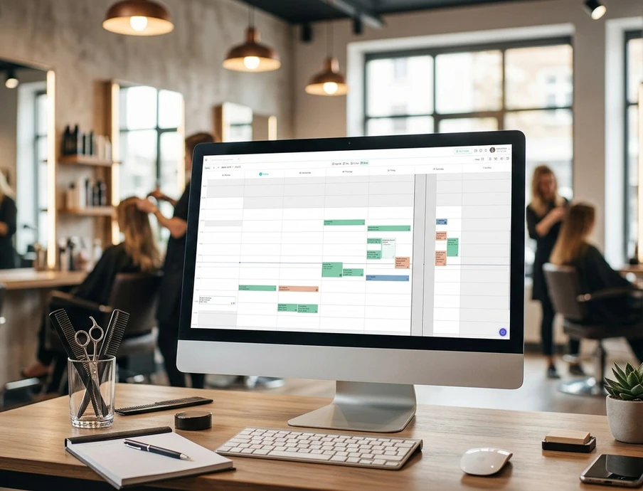 Offenes Büro oder Café mit Holztisch; Computerbildschirm zeigt farbigen Kalender; im Hintergrund arbeiten mehrere Personen an Tischen.