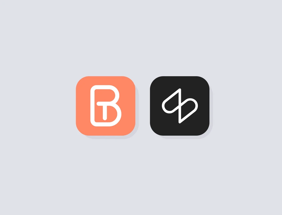 Zwei abgerundete Quadrat-Icons auf grauem Hintergrund; links hellorange mit weißem B, rechts dunkelgrau mit weißer Linie.