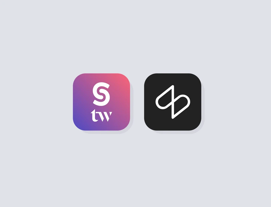 Zwei App-Icons nebeneinander: links Gradient-Quadrat (lila/pink) mit weißem S-Logo; rechts schwarzes Quadrat mit weißer Linie.