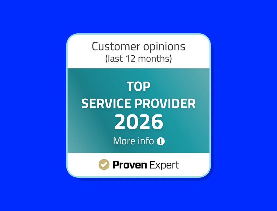 Teal badge showing 'TOP SERVICE PROVIDER 2026' with 'Customer opinions (last 12 months)' at the top and 'Proven Expert' at the bottom.