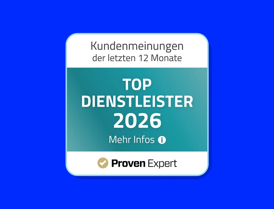 Quadratisches Abzeichen mit weißem Rand; teal Gradient mit 'TOP DIENSTLEISTER 2026', 'Kundenmeinungen der letzten 12 Monate', Proven Expert Logo