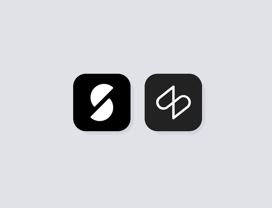 Zwei abgerundete Quadrate als Icons: links schwarzes Quadrat mit weißem Bogen, rechts dunkelgraues Quadrat mit weißer Linie.