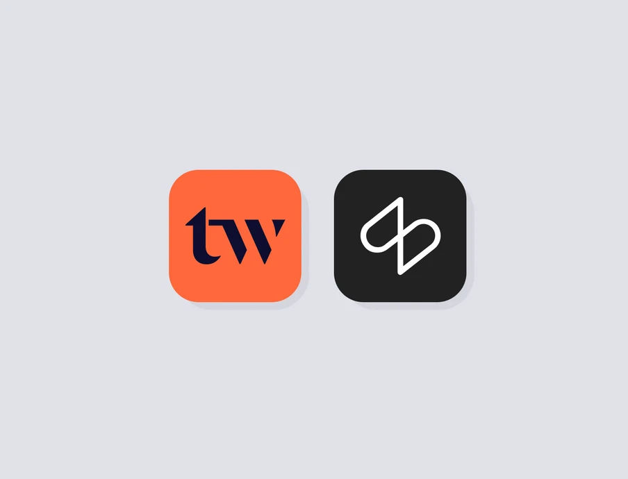 Zwei abgerundete Icons: links orange mit dunklem 'tw'-Logo, rechts dunkelgraues Icon mit weißer abstrakter Linienform.