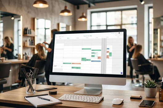 Offenes Büro oder Café mit Holztisch; Computerbildschirm zeigt farbigen Kalender; im Hintergrund arbeiten mehrere Personen an Tischen.