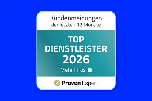 Quadratisches Abzeichen mit weißem Rand; teal Gradient mit 'TOP DIENSTLEISTER 2026', 'Kundenmeinungen der letzten 12 Monate', Proven Expert Logo