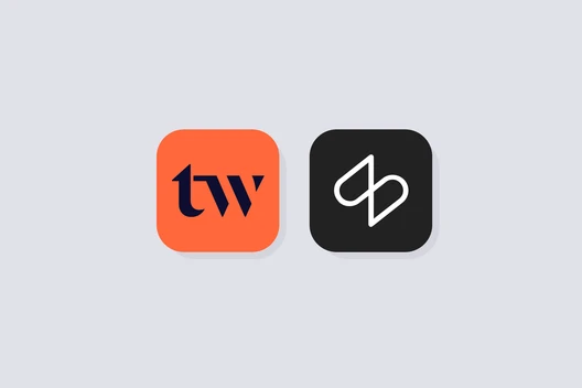 Zwei abgerundete Icons: links orange mit dunklem 'tw'-Logo, rechts dunkelgraues Icon mit weißer abstrakter Linienform.